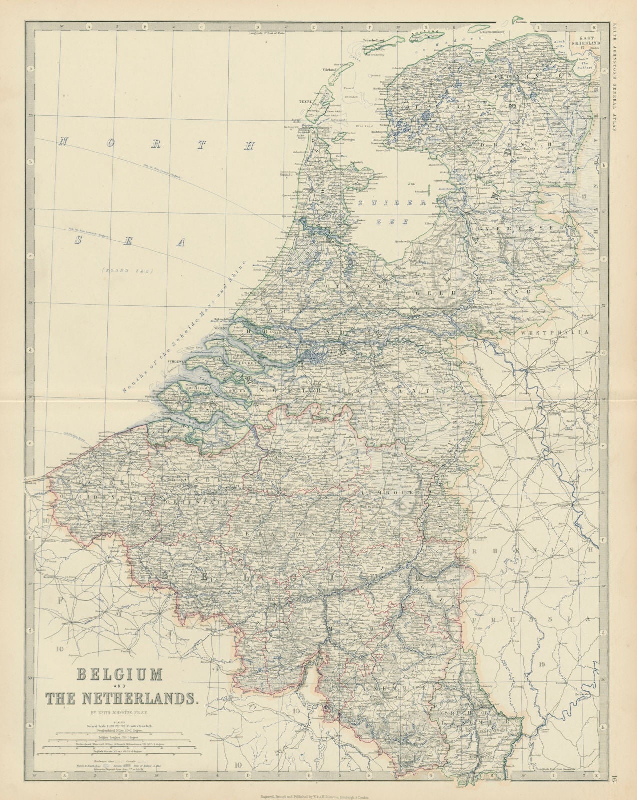 Belgium, Netherlands & Luxembourg. Benelux. Large 50x60cm. JOHNSTON 1879 map